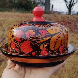 Vintage Khokhloma Hohloma Russian USSR handpainted Wooden Butter And Cheese Dish